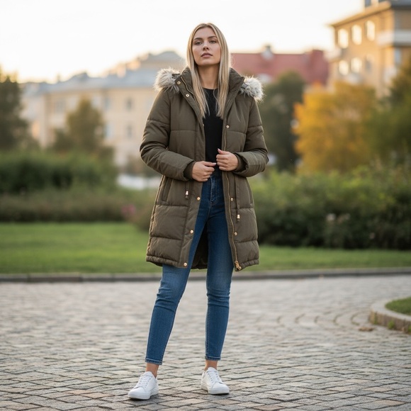 H&M Divided Long Winter Coat with Faux Fur Hood Size 4 - Picture 13 of 14